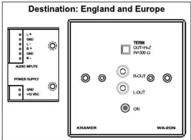 Destination: England and Europe L+ GND L- R+ GND R- AUDIO INPUTS POWER SUPPLY GND +12 VDC TERM OUT=Hi-Z IN=300 Ω R-OUT L-OUT ON KRAMER WA-2ON
