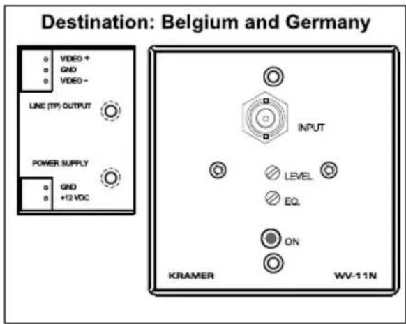 Destination: Belgium and Germany VIDEO + GND VIDEO - LINE (TP) OUTPUT POWER SUPPLY GND +12 VDC INPUT LEVEL EQ. ON KRAMER WV-11N