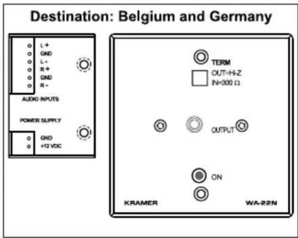 Destination: Belgium and Germany L+ GND L- R+ GND R+ AUDIO INPUTS POWER SUPPLY GND +12 VDC TERM OUT=Hi-Z IN=300 Ω OUTPUT ON KRAMER WA-22N