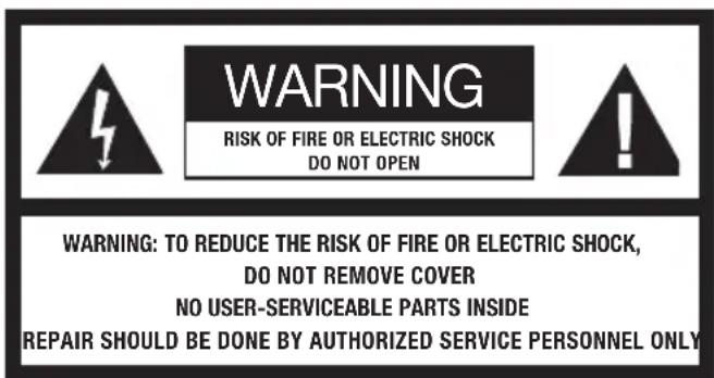 WARNING RISK OF FIRE OR ELECTRIC SHOCK DO NOT OPEN WARNING: TO REDUCE THE RISK OF FIRE OR ELECTRIC SHOCK, DO NOT REMOVE COVER NO USER-SERVICEABLE PARTS INSIDE REPAIR SHOULD BE DONE BY AUTHORIZED SERVICE PERSONNEL ONLY