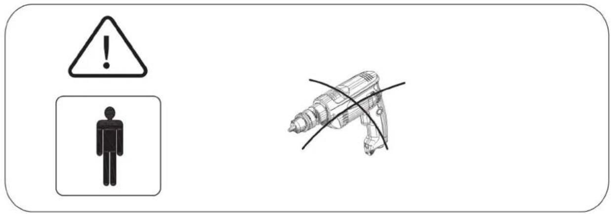 Warning sign and robot illustration with exclamation mark, human figure, and crossed tool symbol