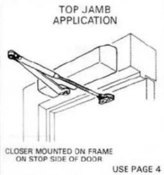 TOP JAMB APPLICATION CLOSER MOUNTED ON FRAME ON STOP SIDE OF DOOR USE PAGE 4
