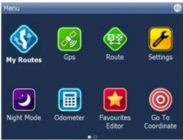 Menu My Routes Gps Route Settings Night Mode Odometer Favourites Editor Go To Coordinate