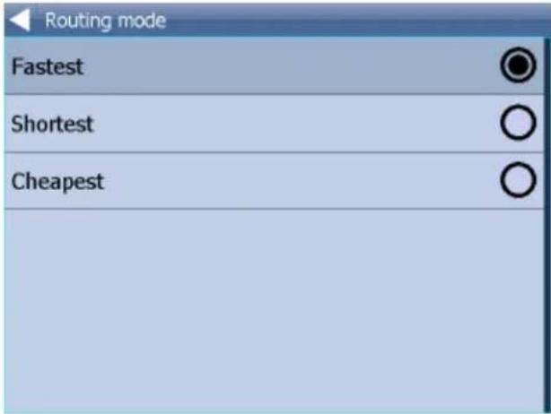 Routing mode Fastest Shortest Cheapest