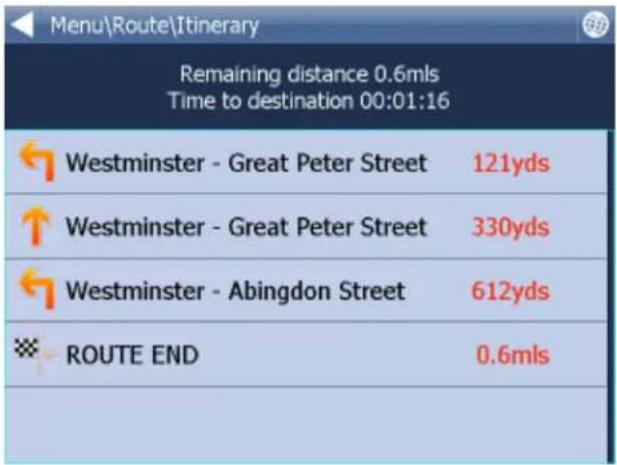 Menu\Route\Itinerary Remaining distance 0.6mls Time to destination 00:01:16 Westminster - Great Peter Street 121yds Westminster - Great Peter Street 330yds Westminster - Abingdon Street 612yds ROUTE END 0.6mls