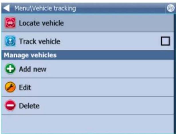 Menu\Vehicle tracking Locate vehicle Track vehicle Manage vehicles Add new Edit Delete