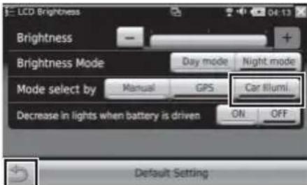 LCD Brightness Brightness Brightness Mode Day mode Night mode Mode select by Manual GPS Car Illum. Decrease in lights when battery is driven ON OFF Default Setting