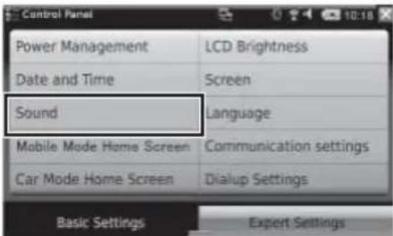Control Panel Power Management LCD Brightness Date and Time Screen Sound Language Mobile Mode Home Screen Communication settings Car Mode Home Screen Dialup Settings Basic Settings Expert Settings