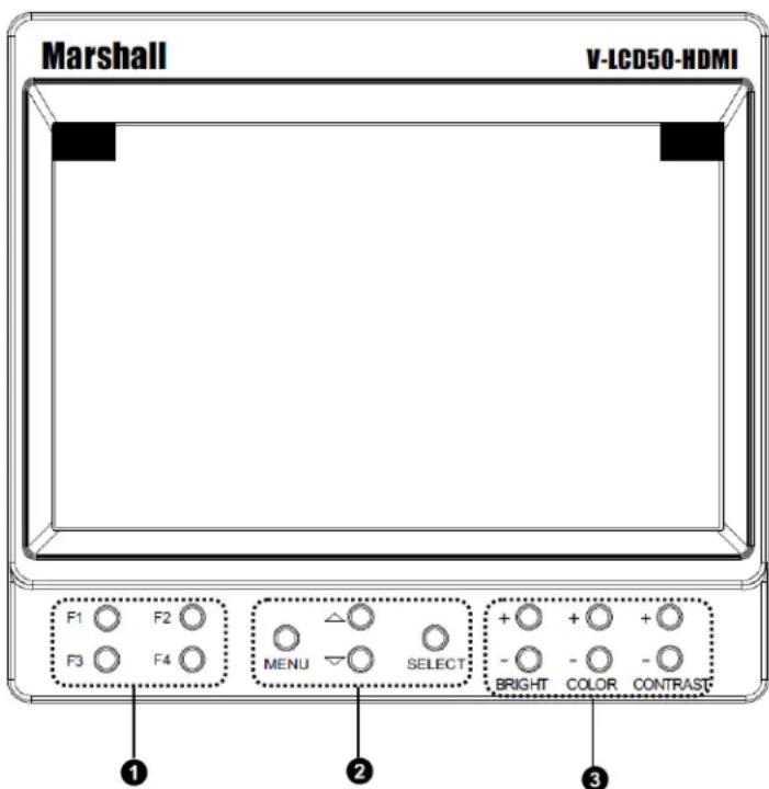 Marshall V-LCD50-HDMI F1 F2 F3 F4 MENU SELECT BRIGHT COLOR CONTRAST ① ② ③