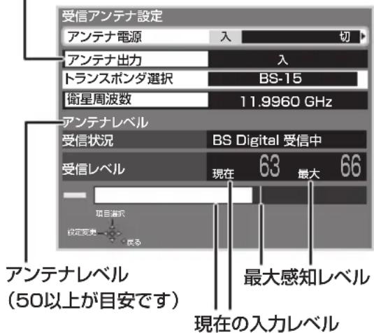 受信アンテナ設定 アンテナ電源 入 切 アンテナ出力 入 トランスポンダ選択 BS-15 衛星周波数 11.9960 GHz アンテナレベル 受信状況 BS Digital 受信中 受信レベル 現在 63 最大 66 項目選択 設定変更 民る アンテナレベル (50以上が目安です) 最大感知レベル 現在の入力レベル