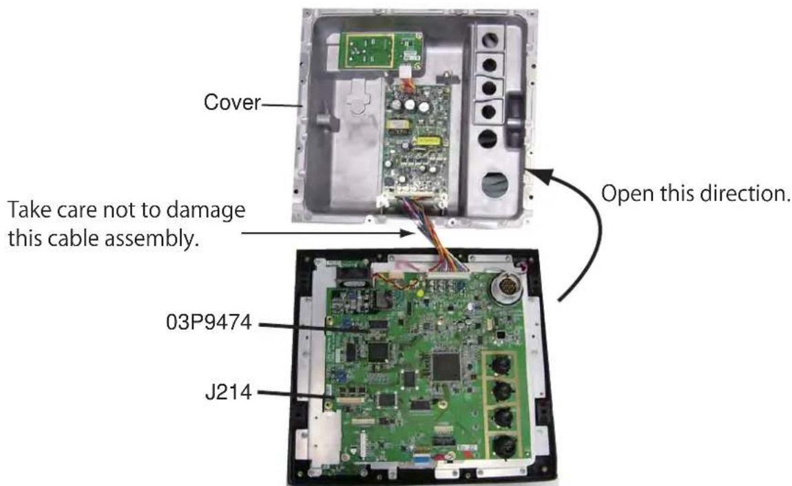 Cover Take care not to damage this cable assembly. Open this direction. 03P9474 J214