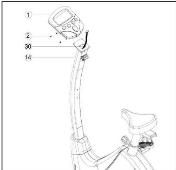 Technical diagram of a stationary bike with labeled parts including controller, seat, and sensor