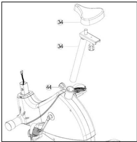 Technical diagram of a mechanical device with labeled parts 34 and 44, showing exploded view and assembly details.