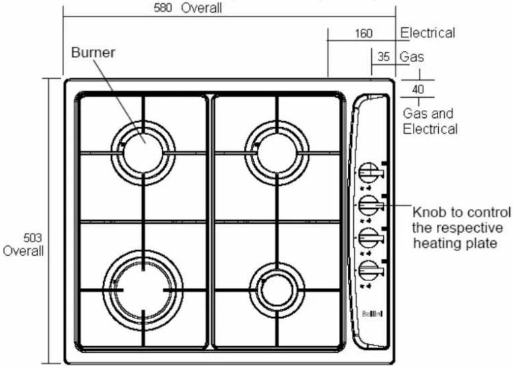 580 Overall 160 Electrical 35 Gas 40 Gas and Electrical Burner Knob to control the respective heating plate 503 Overall