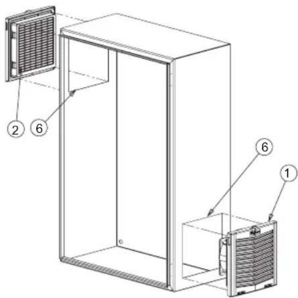 Technical diagram of a refrigerator unit with labeled components including front panel, side panel, and internal air vent.