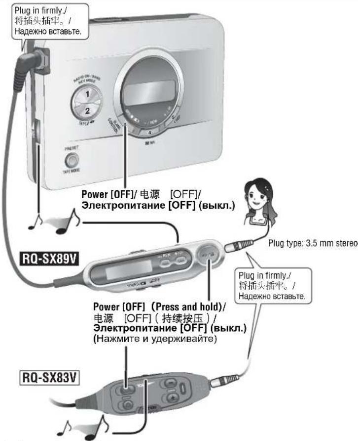 Plug in firmly./ 将插头插牢。/ Надежно вставьте. RQ-SX89V Power [OFF]/ 电源 [OFF]/ Электропитание [OFF] (выкл.) Plug type: 3.5 mm stereo Plug in firmly./ 将插头插牢。/ Надежно вставьте. RQ-SX83V