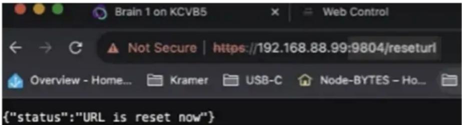 Brain 1 on KCVB5 Not Secure | https://192.168.88.99:9804/reseturl Overview - Home... Kramer USB-C Node-BYTES - Ho... {"status":"URL is reset now"}