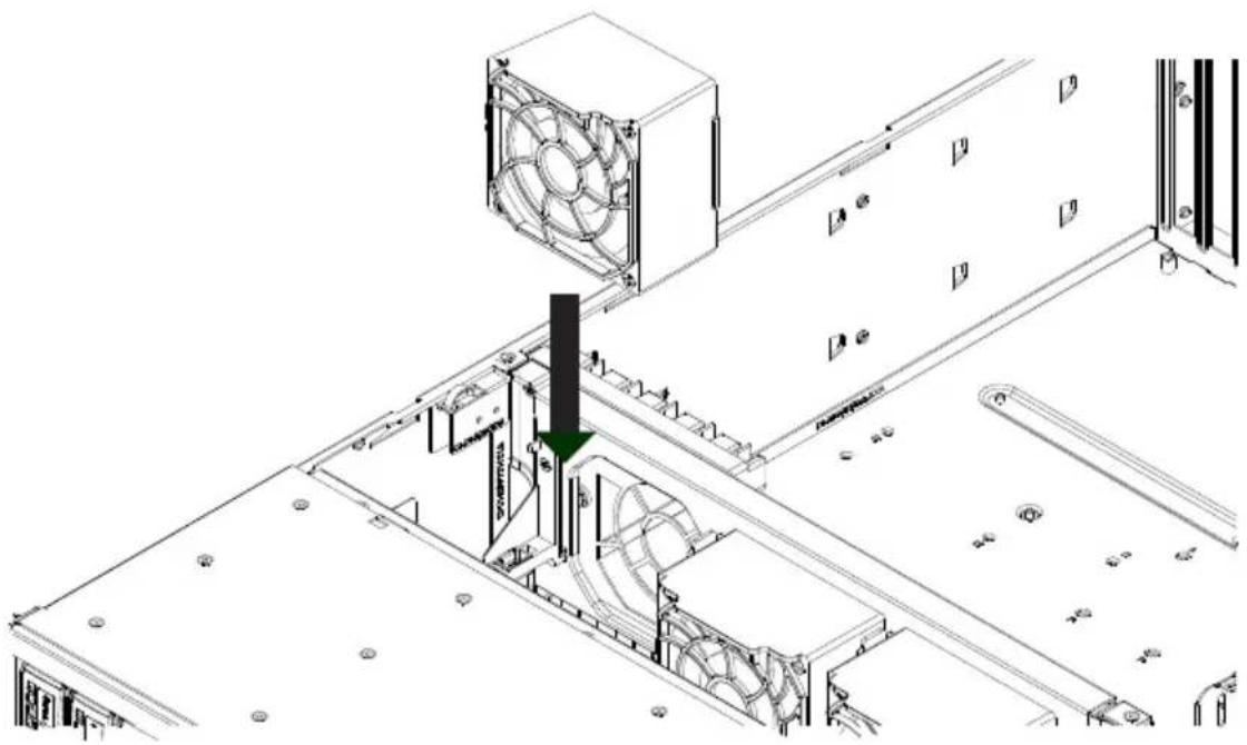 Technical diagram of a server rack with fan assembly and labeled components