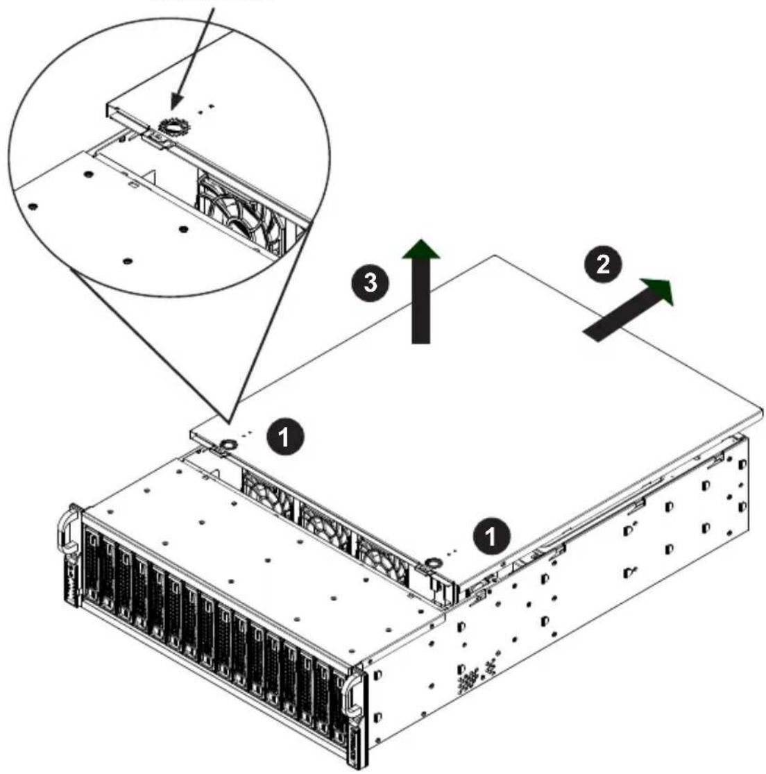 Technical diagram of a server rack with labeled components and directional arrows indicating assembly steps