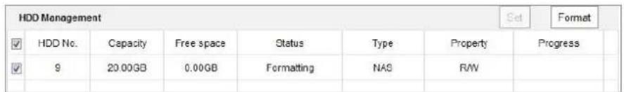 HDD Management ✓ HDD No. Capacity Free space Status Type Property Progress ✓ 9 20.00GB 0.00GB Formatting NAS RW