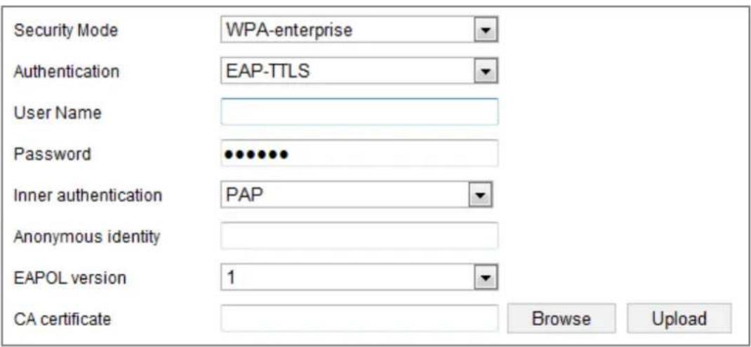 Security Mode WPA-enterprise Authentication EAP-TTLS User Name Password Inner authentication PAP Anonymous identity EAPOL version 1 CA certificate Browse Upload