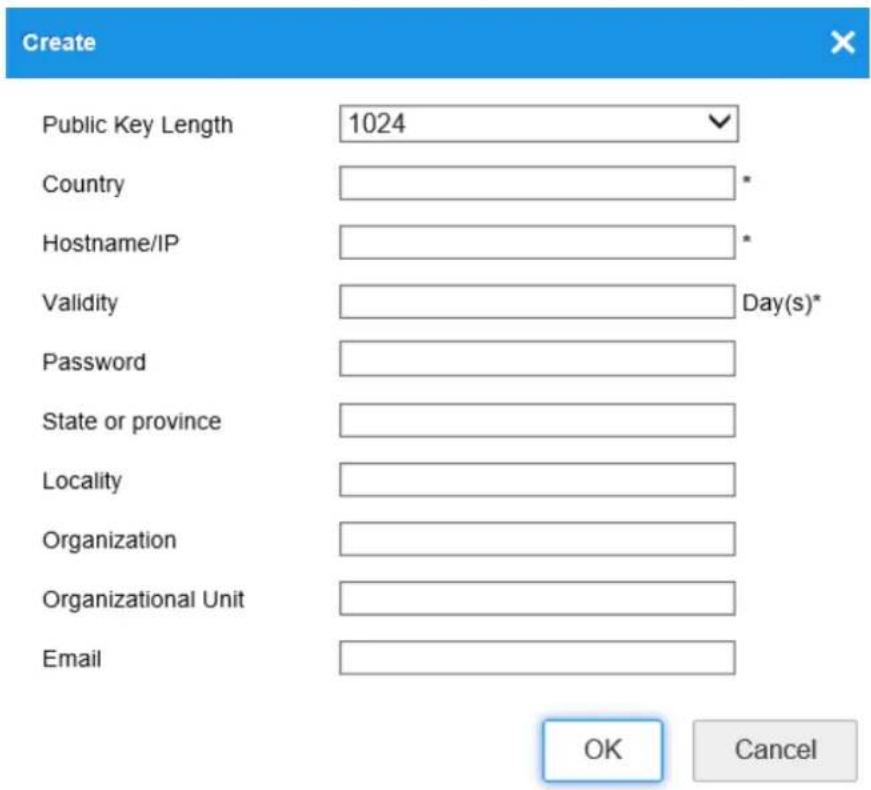 Create Public Key Length 1024 Country * Hostname/IP * Validity Day(s)* Password State or province Locality Organization Organizational Unit Email OK Cancel