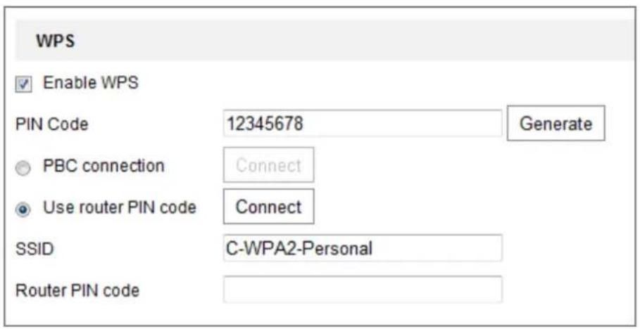 WPS Enable WPS PIN Code 12345678 Generate PBC connection Connect Use router PIN code Connect SSID C-WPA2-Personal Router PIN code