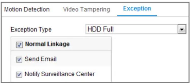 Motion Detection Video Tampering Exception Exception Type HDD Full ✓ Normal Linkage ✓ Send Email ✓ Notify Surveillance Center