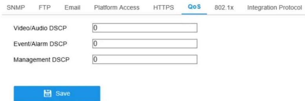SNMP FTP Email Platform Access HTTPS QoS 802.1x Integration Protocol Video/Audio DSCP 0 Event/Alarm DSCP 0 Management DSCP 0 Save