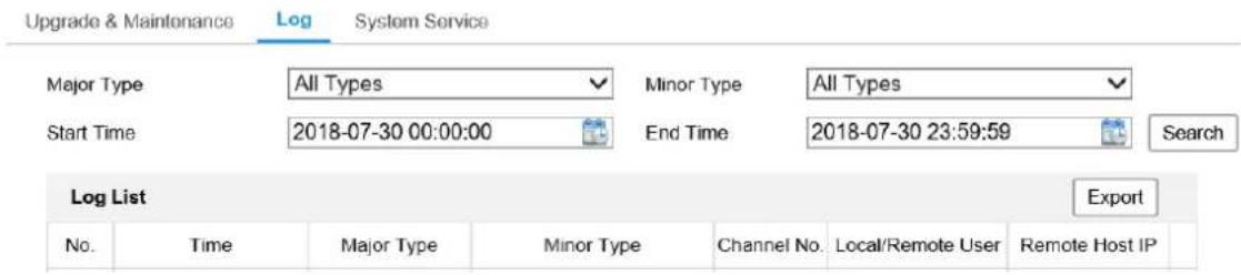 Upgrade & Maintenance Log System Service Major Type All Types Minor Type All Types Start Time 2018-07-30 00:00:00 End Time 2018-07-30 23:59:59 Search Log List Export No. Time Major Type Minor Type Channel No. Local/Remote User Remote Host IP