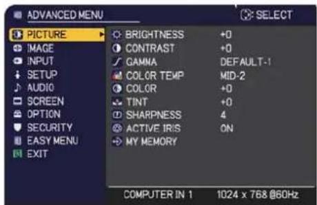 ADVANCED MENU PICTURE IMAGE INPUT SETUP AUDIO SCREEN OPTION SECURITY EASY MENU EXIT BRIGHTNESS +0 CONTRAST +0 GAMMA DEFAULT-1 COLOR TEMP MID-2 COLOR +0 TINT +0 SHARPNESS 4 ACTIVE IR/S ON MY MEMORY COMPUTER IN 1 1024 x 768 @60Hz