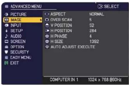 ADVANCED MENU PICTURE IMAGE INPUT SETUP AUDIO SCREEN OPTION SECURITY EASY MENU EXIT ASPECT NORMAL OVER SCAN 5 V POSITION 52 H POSITION 284 H PHASE 4 H SIZE 1392 AUTO ADJUST EXECUTE COMPUTER IN 1 1024 x 768 @60Hz