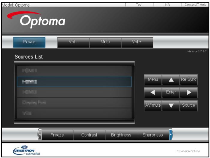 Model: Optoma Tool Info Contact IT Help Optoma Power Vol - Mute Vol + Sources List HDMI HDMI1 HDMI2 Displays, Posts VDS Interface 2.7.2.7 Menu Re-Sync Enter AV mute Source Freeze Contrast Brightness Sharpness CRESTRON connected Expansion Options