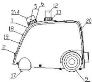 Technical diagram of a vehicle or container with numbered components for identification