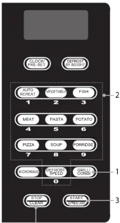 CLOCK' PRE-SET DEFROST BY WEIGHT AUTO REHEAT VEGETABLE FISH 1 2 3 MEAT PASTA POTATO 4 5 6 PIZZA SOUP PORRIDGE 7 8 9 MICROWAVE DEFROST SPEED GRILL/ COMBI 0 STOP CLEAR START EXPRESSOR 1 2 3