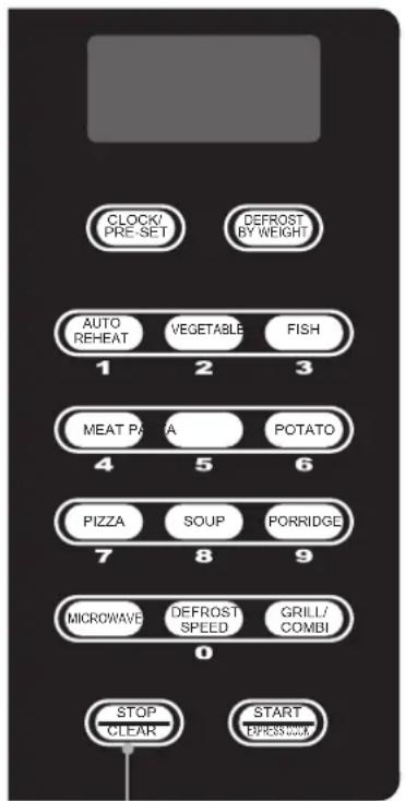 CLOCK! PRE-SET DEFROST BY WEIGHT AUTO REHEAT VEGETABLE FISH 1 2 3 MEAT PA A POTATO 4 5 6 PIZZA SOUP PORRIDGE 7 8 9 MICROWAVE DEFROST SPEED GRILL/ COMBI 0 STOP CLEAR START EXPRESS