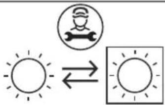 Weather icon showing sun and person with gear symbol, indicating sunlight or weather direction
