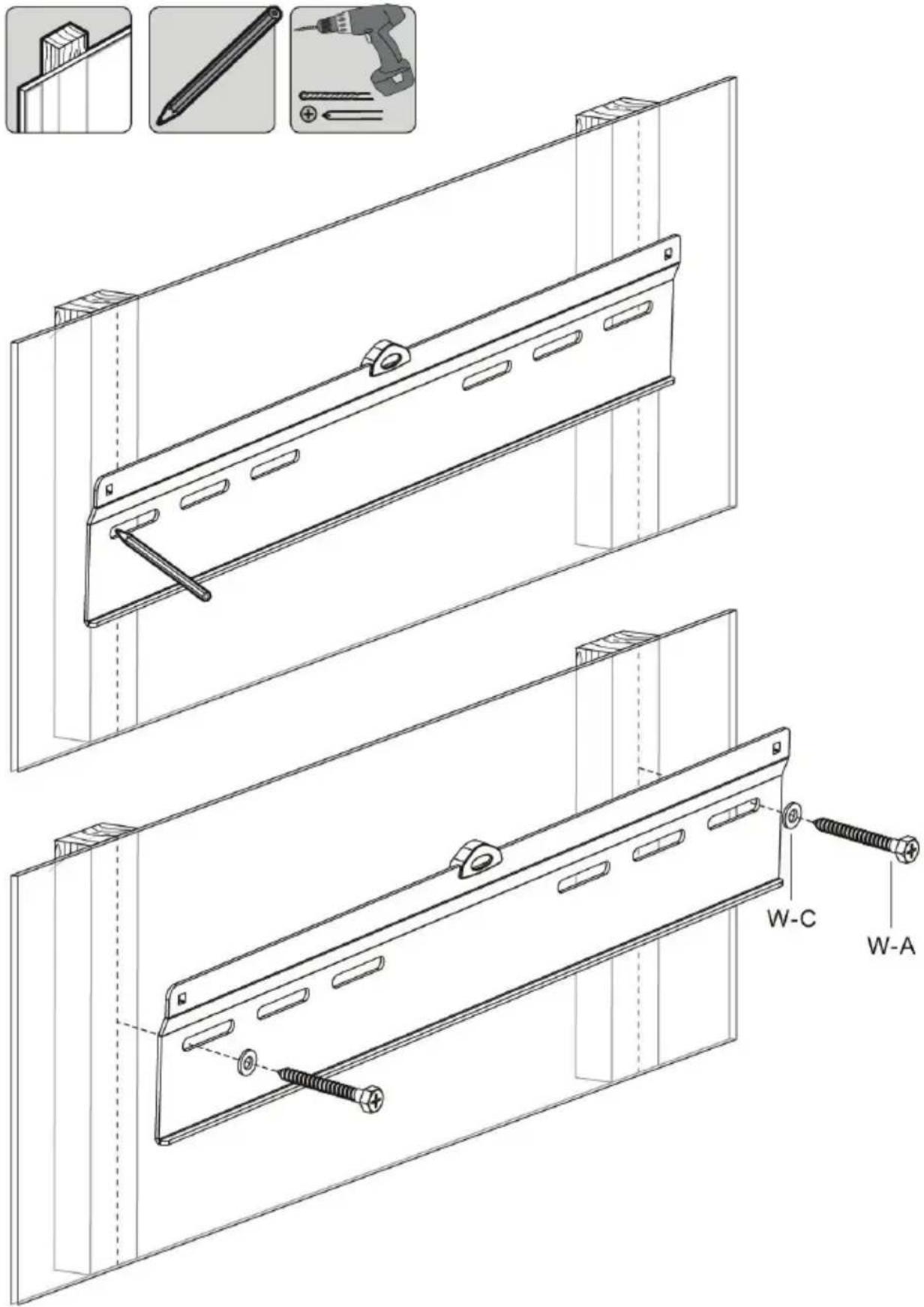 Technical diagram showing assembly of a metal frame with labeled parts W-A, W-C, and a pencil tool.