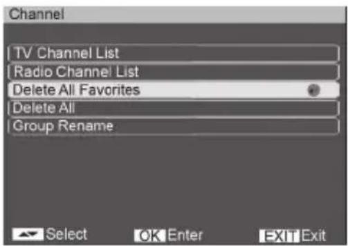 Channel TV Channel List Radio Channel List Delete All Favorites Delete All Group Rename Select OK Enter EXIT Exit
