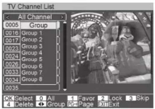 TV Channel List < All Channel > 0005 Group 0016 Group 1 0017 Group 2 0023 Group 3 0024 Group 4 0026 Group 5 0033 Group 6 0034 Group 7 0035 Group 8 OK Select 0 All 1 Favor 2 Lock 3 Skip 4 Delete ➤ Group PC+Page ExitExit