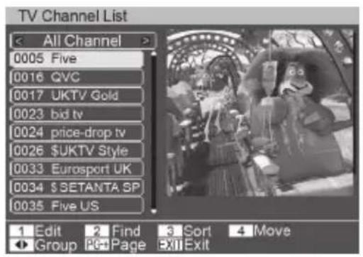 TV Channel List < All Channel > 0005 Five 0016 QVC 0017 UKTV Gold 0023 bid tv 0024 price-drop tv 0026 $UKTV Style 0033 Eurosport UK 0034 $ SETANTA SP 0035 Five US 1 Edit 2 Find 3 Sort 4 Move ◀ Group PC+Page Exit Exit