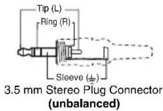 Tip (L) Ring (R) Sleeve (±) 3.5 mm Stereo Plug Connector (unbalanced)