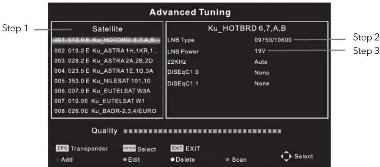 Advanced Tuning Step 1 Satellite 001.013.0 E Ku_HOTDRD 6,7,A,B 002.019.2 E Ku_ASTRA 1H,1KR,1... 003.028.2 E Ku_ASTRA 2A,2B,2D 004.023.5 E Ku_ASTRA 1E,1G,3A 005.353.0 E Ku_NILESAT 101,10 006.007.0 E Ku_EUTELSAT W3A 007.010.0E Ku_EUTELSAT W1 008.026.0E Ku_BADR-2,3,4/EURO Ku_HOTBRD 6,7,A,B LNB Type 09750/10600 LNB Power 19V 22KHz Auto DiSEqC1.0 None DiSEqC1.1 None Quality EPG Transponder ENTER Select EXIT EXIT Add Edit Delete Scan Select Step 2 Step 3