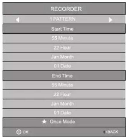 RECORDER 1 PATTERN Start Time 55 Minute 22 Hour Jan Month 01 Date End Time 55 Minutes 22 Hour Jan Month 01 Date Once Mode OK C-BACK