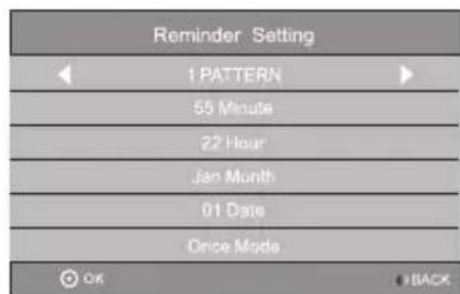 Reminder Setting 1 PATTERN 55 Minute 22 Hour Jan Month 01 Date Once Mode OK BACK