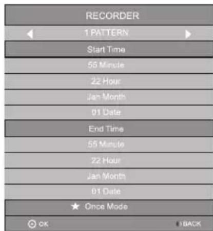 RECORDER 1 PATTERN Start Time 55 Minute 22 Hour Jan Month 01 Date End Time 55 Minute 22 Hour Jan Month 01 Date Once Mode OK BACK