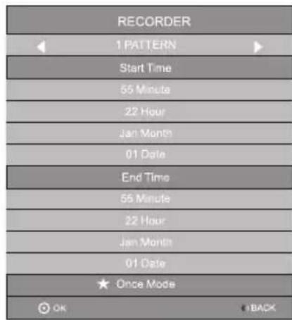 RECORDER 1 PATTERN Start Time 55 Minute 22 Hour Jan Month 01 Date End Time 55 Minute 22 Hour Jan Month 01 Date ★ Once Mode OK C-BACK