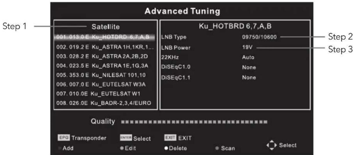 Advanced Tuning Step 1 —— Satellite 001.013.0 E Ku_HOTDRD 6,7,A,B 002.019.2 E Ku_ASTRA 1H,1KR,1... 003.028.2 E Ku_ASTRA 2A,2B,2D 004.023.5 E Ku_ASTRA 1E,1G,3A 005.353.0 E Ku_NILESAT 101,10 006.007.0 E Ku_EUTELSAT W3A 007.010.0E Ku_EUTELSAT W1 008.026.0E Ku_BADR-2,3,4/EURO Ku_HOTBRD 6,7,A,B LNB Type 09750/10600 ———— Step 2 LNB Power 19V ———— Step 3 22KHz Auto DiSEqC1.0 None DiSEqC1.1 None Quality ▼■■■■■■■■■■■■■■■■■■■■■■■■■■■■■■■■■■■■■■■■■■■■■■■■■■■■■■ EPG Transponder ENTER Select EXIT EXIT ► Add ● Edit ● Delete ● Scan Select