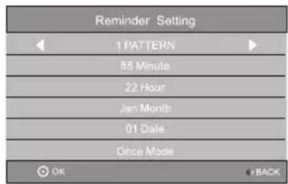 Reminder Setting 1 PATTERN 55 Minute 22 Hour Jan Month 01 Date Once Mode OK BACK