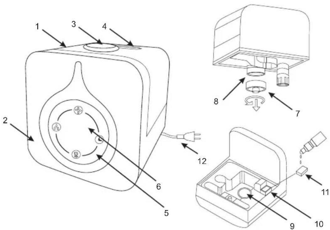 Technical diagram of a device with numbered parts and labeled internal components, including electrical connections and component assembly.